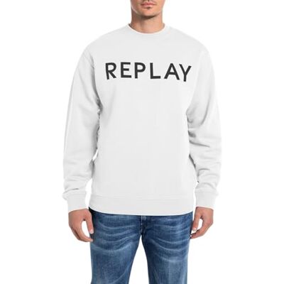 Replay Sweatshirt för män, normal passform med rund hals, 001 vit, XS Replay Sweatshirt för män, normal passform med rund hals, 001 vit, XS