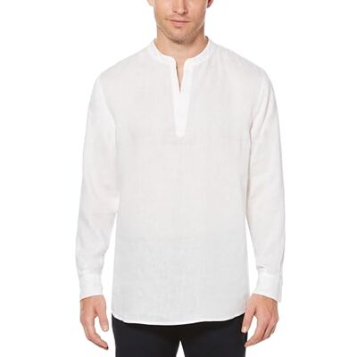 Perry Ellis långärmad enfärgad linne popover tröja för män Perry Ellis långärmad enfärgad linne popover tröja för män