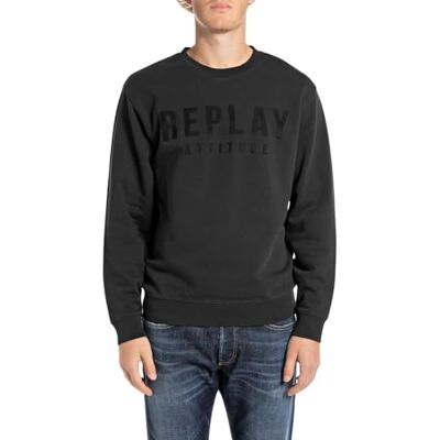 Replay Sweatshirt för män, normal passform med rund hals, 098 svart, XS Replay Sweatshirt för män, normal passform med rund hals, 098 svart, XS