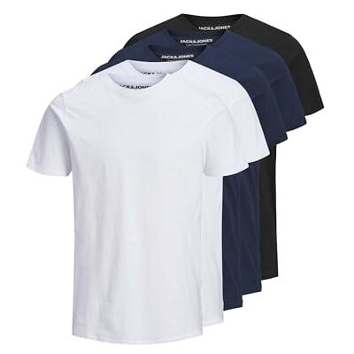 JACK & JONES T-shirt för män 5-pack enfärgad t-shirt med rund hals, Svart/förpackning: 2 vit 2 marinblå 1 svart, XL JACK & JONES T-shirt för män 5-pack enfärgad t-shirt med rund hals, Svart/förpackning: 2 vit 2 marinblå 1 svart, XL