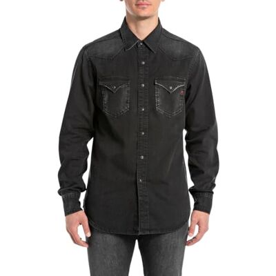 Replay herrjeansskjorta långärmad med bröstfickor, 099 Black Delavè, XL Replay herrjeansskjorta långärmad med bröstfickor, 099 Black Delavè, XL