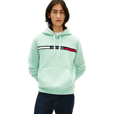 Tommy Hilfiger mäns bröstinlägg huvtröja med känguruficka, Grön (krossad mynt), L Tommy Hilfiger mäns bröstinlägg huvtröja med känguruficka, Grön (krossad mynt), L