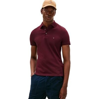 Tommy Hilfiger kortärmade pikétröjor för män i smal passform med stretch och ekologisk pikébomull kortärmade pikétröjor i smal passform med stretch och ekologisk pikébomull, Djup vinröd, XXL Tommy Hilfiger kortärmade pikétröjor för män i smal passform med stretch och ekologisk pikébomull kortärmade pikétröjor i smal passform med stretch och ekologisk pikébomull, Djup vinröd, XXL
