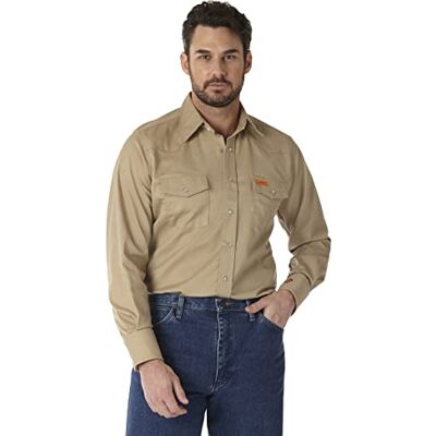 Wrangler Men's Flame Resistant Western Two Pocket Snap Shirt, Khaki, XL Wrangler Men's Flame Resistant Western Two Pocket Snap Shirt, Khaki, XL