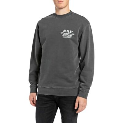 Replay Sweatshirt för män, avslappnad passform med rund hals, 099 Blackboard, XS Replay Sweatshirt för män, avslappnad passform med rund hals, 099 Blackboard, XS