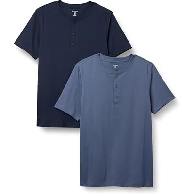 Amazon Essentials mäns normal passform kortärmad jersey Henley, 2-pack, Denim/Marinblå, Large Amazon Essentials mäns normal passform kortärmad jersey Henley, 2-pack, Denim/Marinblå, Large