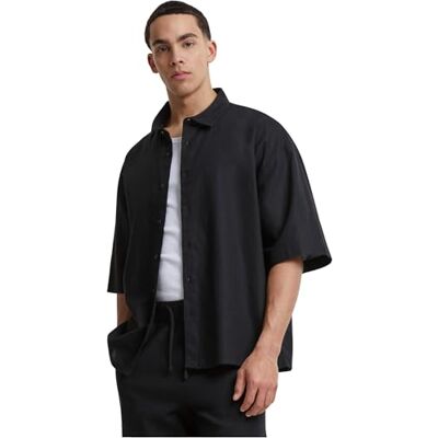 Urban Classics Herrskjorta boxy bomull linne skjorta svart M, svart, M Urban Classics Herrskjorta boxy bomull linne skjorta svart M, svart, M
