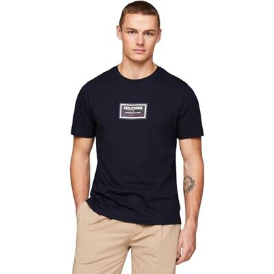 Tommy Hilfiger T-shirt för män kortärmad etikett Hd Print Tee rund hals, Blå (Desert Sky), XS Tommy Hilfiger T-shirt för män kortärmad etikett Hd Print Tee rund hals, Blå (Desert Sky), XS