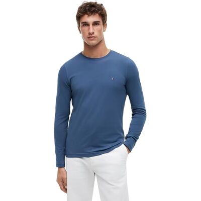 Tommy Hilfiger Herr långärmad stretch smal passform bomullströja, Blå (Egeiska havet), L Tommy Hilfiger Herr långärmad stretch smal passform bomullströja, Blå (Egeiska havet), L