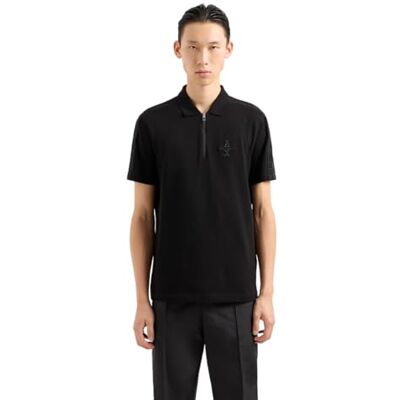Giorgio Armani Ax Stacked Logo Cotton Piquet Zip Up Polo Shirt, svart, S Giorgio Armani Ax Stacked Logo Cotton Piquet Zip Up Polo Shirt, svart, S