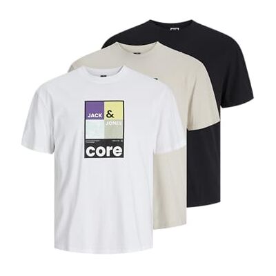 JACK & JONES T-shirt för män, Månstrål/förpackning: w. Svart + vit, M JACK & JONES T-shirt för män, Månstrål/förpackning: w. Svart + vit, M