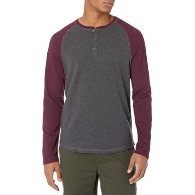 Amazon Essentials Men's Långärmad Henley-skjorta med smal passform, Kolsvart ljung/Vinröd, XL Amazon Essentials Men's Långärmad Henley-skjorta med smal passform, Kolsvart ljung/Vinröd, XL