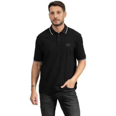Giorgio Armani Kortärmad sidologotyp för män med tre knappar krage pikétröja, svart, XXL Giorgio Armani Kortärmad sidologotyp för män med tre knappar krage pikétröja, svart, XXL