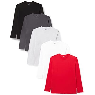 Lower East Långärmad T-shirt med rund hals i 100 % bomull, Herr, Vit/svart/röd/Forget Iron/gråmelange (5-pack), M Lower East Långärmad T-shirt med rund hals i 100 % bomull, Herr, Vit/svart/röd/Forget Iron/gråmelange (5-pack), M