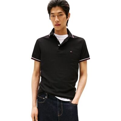 Tommy Hilfiger Mw0mw37346, smal passform, med spets S/S pikétröja, svart (svart), L, Svart (svart), L Tommy Hilfiger Mw0mw37346, smal passform, med spets S/S pikétröja, svart (svart), L, Svart (svart), L
