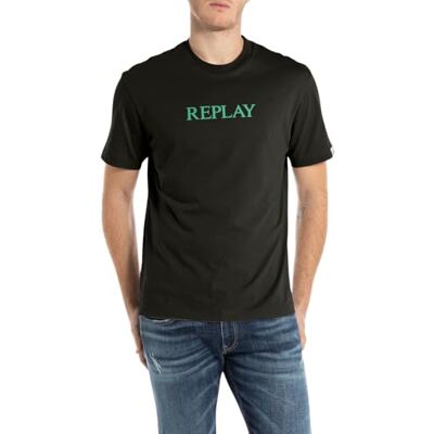 Replay T-shirt för män avslappnad passform av bomull, 098 svart, XS Replay T-shirt för män avslappnad passform av bomull, 098 svart, XS