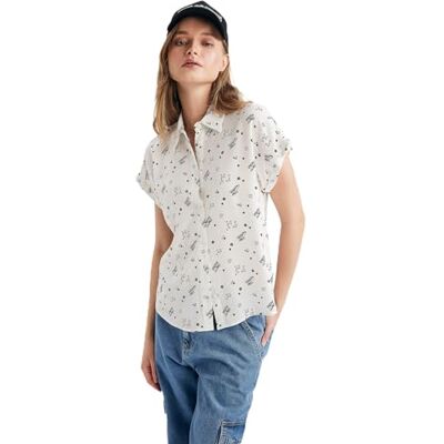 DeFacto Kortärmad skjortblus, skjorta med knappar för fritidskläder, Vit, XS DeFacto Kortärmad skjortblus, skjorta med knappar för fritidskläder, Vit, XS