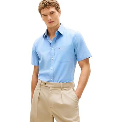 Tommy Hilfiger Herr Light Oxford Solid Ss Bd Skjorta MW0MW42285, Blå, L Tommy Hilfiger Herr Light Oxford Solid Ss Bd Skjorta MW0MW42285, Blå, L