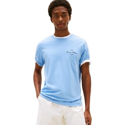 Tommy Hilfiger herr konturflagga manus TEE MW0MW39360 S/S t-shirt, blå (molnigt blå), XL, Blå (molnigt blå), XL Tommy Hilfiger herr konturflagga manus TEE MW0MW39360 S/S t-shirt, blå (molnigt blå), XL, Blå (molnigt blå), XL