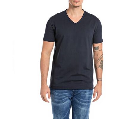 Replay Basic T-shirt för män, normal passform, V-hals, 067 Night Blue, L Replay Basic T-shirt för män, normal passform, V-hals, 067 Night Blue, L