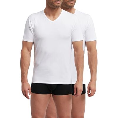 Dim T-shirt för män med termoregulator i bomull V-hals sport x2, Vitt och blått, L Dim T-shirt för män med termoregulator i bomull V-hals sport x2, Vitt och blått, L