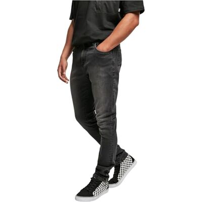 Urban Classics Slim fit jeans med dragkedja för män, Äkta svart tvättad, 30W / 32L Urban Classics Slim fit jeans med dragkedja för män, Äkta svart tvättad, 30W / 32L