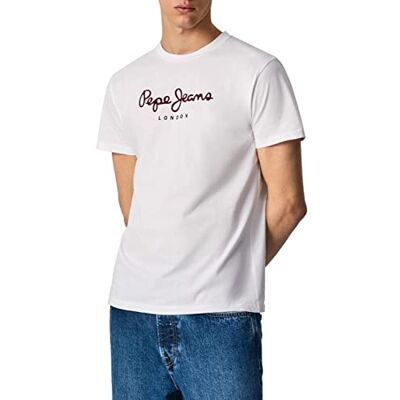 Pepe Jeans London Eggo N Herr Regular Fit T-shirt, 100% bomull Rund krage Kort ärm T-shirt med bröstlogotyp, Vit Pepe Jeans London Eggo N Herr Regular Fit T-shirt, 100% bomull Rund krage Kort ärm T-shirt med bröstlogotyp, Vit