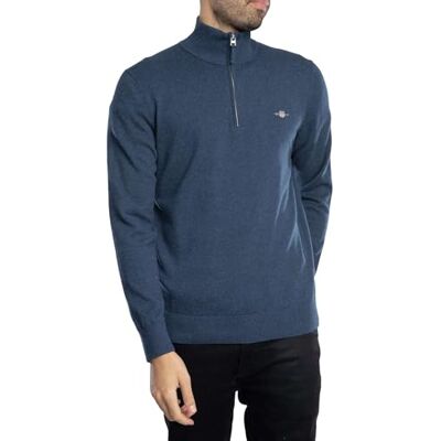 GANT Klassisk bomullströja med halvdragkedja för män, Mörk Jeansblue melange, XL GANT Klassisk bomullströja med halvdragkedja för män, Mörk Jeansblue melange, XL