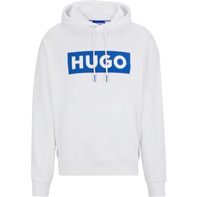 HUGO Herr Nalves Logo-tryck hoodie i bomullsfrotté, Vit 100, S HUGO Herr Nalves Logo-tryck hoodie i bomullsfrotté, Vit 100, S