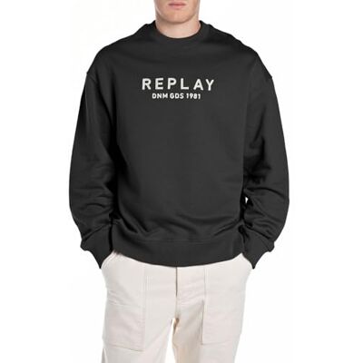 Replay Herr avslappnad passform sweatshirt av bomull, 098 svart, L Replay Herr avslappnad passform sweatshirt av bomull, 098 svart, L
