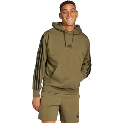 adidas herr Essential Three Stripes Fleece Hoodie Sweatshirt, olive strata/black, S adidas herr Essential Three Stripes Fleece Hoodie Sweatshirt, olive strata/black, S