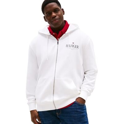 Tommy Hilfiger Huvtröja för män med dragkedja med taggad huva av bomull, Vit, XXL Tommy Hilfiger Huvtröja för män med dragkedja med taggad huva av bomull, Vit, XXL