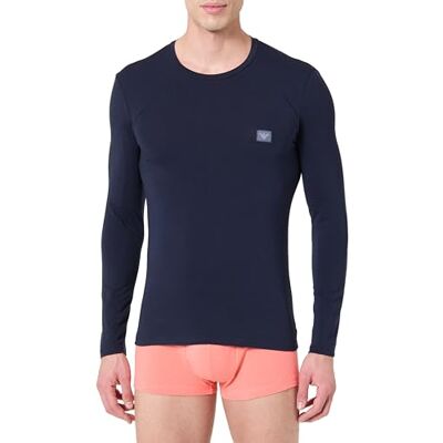 Giorgio Armani Herrens glänsande logotypband långärmad t-shirt med rund hals blå M smal passform, BLÅ, M Giorgio Armani Herrens glänsande logotypband långärmad t-shirt med rund hals blå M smal passform, BLÅ, M
