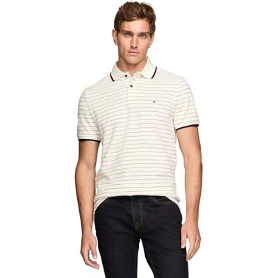 Tommy Hilfiger Kortärmad casual pikétröja för män, normal passform med randig design, kortärmad avslappnad pikétröja i normal passform med randig design, Elfenben kronblad/ökenhimmel, XL Tommy Hilfiger Kortärmad casual pikétröja för män, normal passform med randig design, kortärmad avslappnad pikétröja i normal passform med randig design, Elfenben kronblad/ökenhimmel, XL
