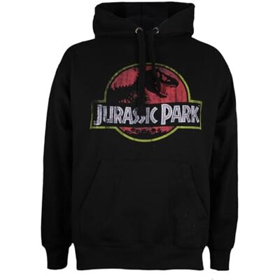 Jurassic Park mäns nödställd logotyp huva huvtröja, Svart (svart blk), S Jurassic Park mäns nödställd logotyp huva huvtröja, Svart (svart blk), S