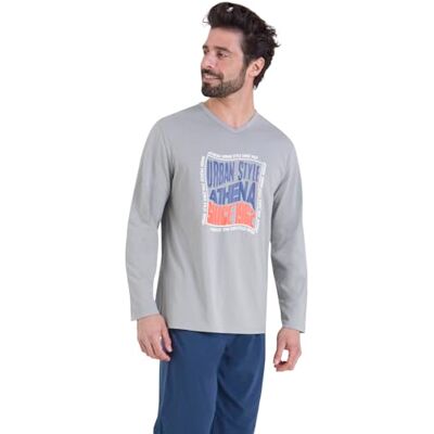 Athena Lång pyjamas för män, Ecopack 100% andningsbar bomull jersey långärmad T-shirt + byxor Oeko-TEX® etikett standard 100, Grå/Marinblå, L Athena Lång pyjamas för män, Ecopack 100% andningsbar bomull jersey långärmad T-shirt + byxor Oeko-TEX® etikett standard 100, Grå/Marinblå, L