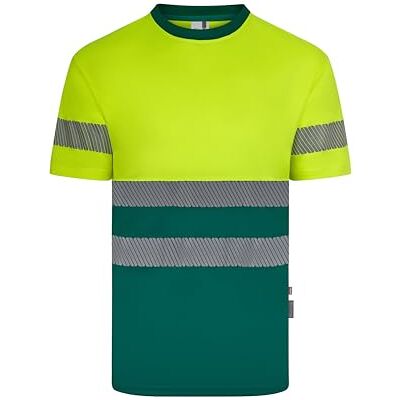 VELILLA 305633; Tvåfärgad återvunnen polyester kortärmad segmenterad tejp; grön och fluorgul färg; storlek M, Grön och fluorgul, M VELILLA 305633; Tvåfärgad återvunnen polyester kortärmad segmenterad tejp; grön och fluorgul färg; storlek M, Grön och fluorgul, M