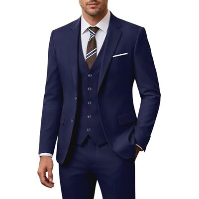 ZKHOECR Holivyer Herr 3-delad slim fit kostymset, två knappar blazer solid jacka väst byxor bröllop affärskostym, Marinblått Xsp, L ZKHOECR Holivyer Herr 3-delad slim fit kostymset, två knappar blazer solid jacka väst byxor bröllop affärskostym, Marinblått Xsp, L