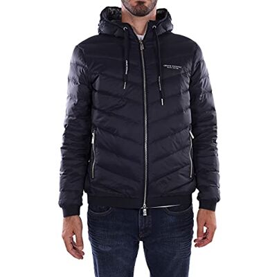 Giorgio Armani Quilted Down Milano/New York logo dragkedja jacka, Marinblå/grå melerad, XXL Giorgio Armani Quilted Down Milano/New York logo dragkedja jacka, Marinblå/grå melerad, XXL