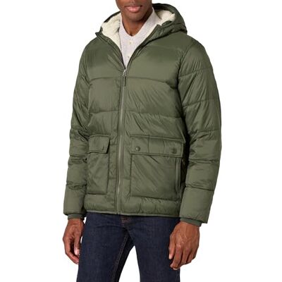 Amazon Essentials långärmad vattentålig sherpa-fodrad pufferjacka, mörk oliv, Large Amazon Essentials långärmad vattentålig sherpa-fodrad pufferjacka, mörk oliv, Large