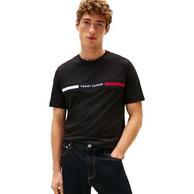 Tommy Hilfiger Kortärmad t-shirt i bomull för män med logotypdesign på bröstet, svart, L Tommy Hilfiger Kortärmad t-shirt i bomull för män med logotypdesign på bröstet, svart, L