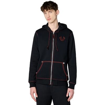 True Religion Herr Big T Zip Up huvtröja huvtröja, Djupsvart/eldröd, L True Religion Herr Big T Zip Up huvtröja huvtröja, Djupsvart/eldröd, L