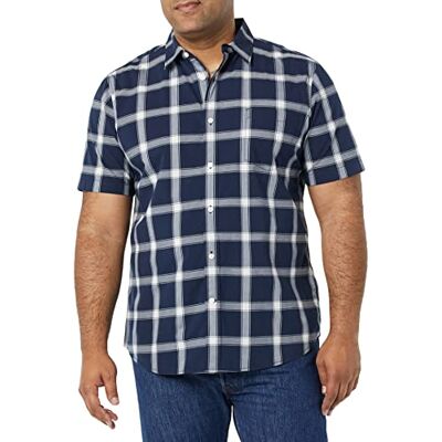 Amazon Essentials mäns Slim-Fit kortärmad poplin-skjorta, marinblå vit buffel pläd, Large Amazon Essentials mäns Slim-Fit kortärmad poplin-skjorta, marinblå vit buffel pläd, Large