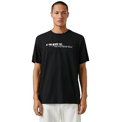 Koton Basic T-shirt för män slogan tryckt rund hals kortärmad, Schwarz (999), S Koton Basic T-shirt för män slogan tryckt rund hals kortärmad, Schwarz (999), S