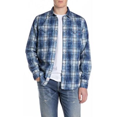 Replay Herr regular fit jeansskjorta AI tvätt, 009 medium blå, XS Replay Herr regular fit jeansskjorta AI tvätt, 009 medium blå, XS