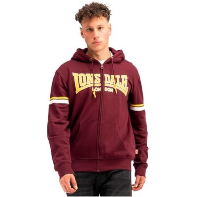 Lonsdale sweatjacka med huva för män med dragkedja, normal passform, Darfield, Oxblood/gul/vit, L Lonsdale sweatjacka med huva för män med dragkedja, normal passform, Darfield, Oxblood/gul/vit, L