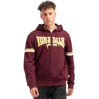 Lonsdale sweatjacka med huva för män med dragkedja, normal passform, Darfield, Oxblood/gul/vit, XL Lonsdale sweatjacka med huva för män med dragkedja, normal passform, Darfield, Oxblood/gul/vit, XL