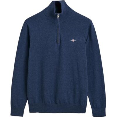 GANT Klassisk bomullströja med halvdragkedja för män, Mörk Jeansblue melange, S GANT Klassisk bomullströja med halvdragkedja för män, Mörk Jeansblue melange, S