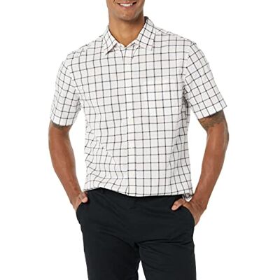 Amazon Essentials kortärmad stretch-poplin-skjorta för män (finns i stora och långa), rosa vit buffelpläd, Large Amazon Essentials kortärmad stretch-poplin-skjorta för män (finns i stora och långa), rosa vit buffelpläd, Large