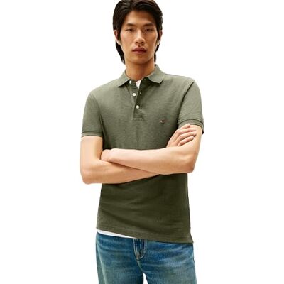 Tommy Hilfiger kortärmade pikétröjor för män i smal passform med stretch och ekologisk pikébomull kortärmade pikétröjor i smal passform med stretch och ekologisk pikébomull, Verktyg olivljung, XXL Tommy Hilfiger kortärmade pikétröjor för män i smal passform med stretch och ekologisk pikébomull kortärmade pikétröjor i smal passform med stretch och ekologisk pikébomull, Verktyg olivljung, XXL